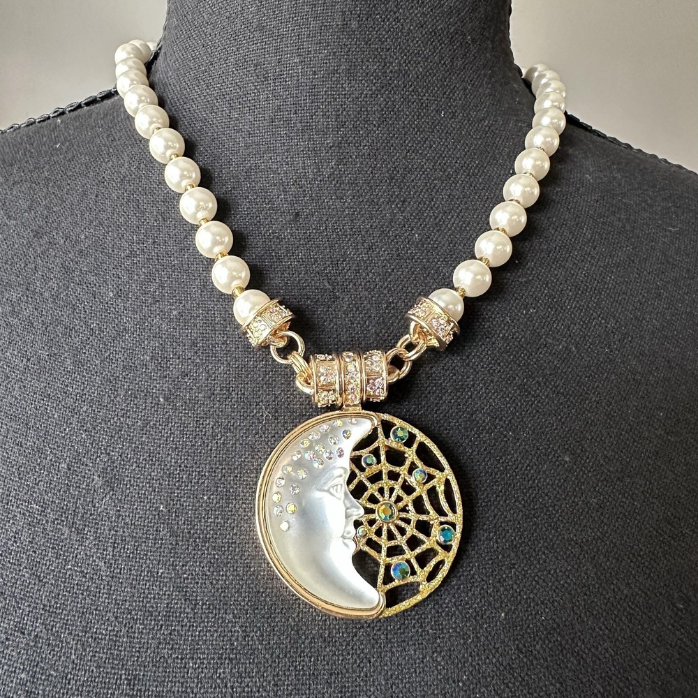 Kirks Folly Necklace Gold Tone Moon Face Pendant Faux Pearl Celestial Beaded
